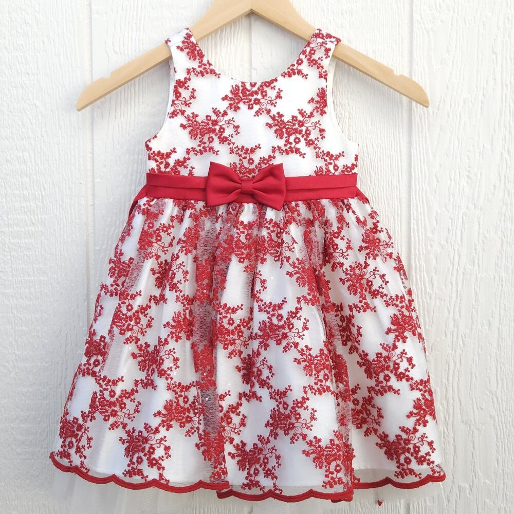American Princess 3T Red Holiday Party Dress Floral Embroidery Tulle Formal EUC